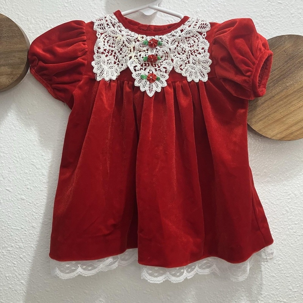 VINTAGE‎ Rare Editions Red Dress Cottagecore Lace Trim Made in USA Girls 18M